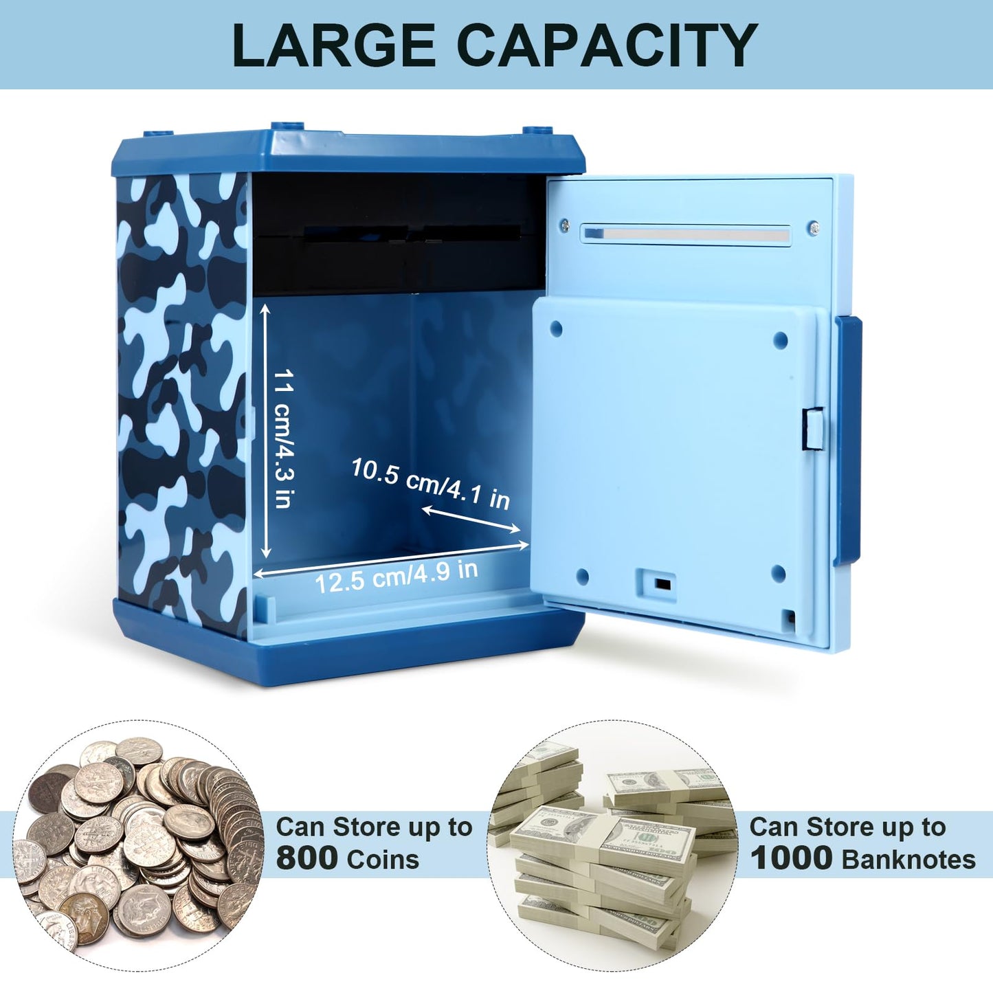 Pup Go Electronic ATM Piggy Bank for Kids Ages 3-12 Years Old  Pasdecorative replica blade Money Safe with Auto Cash Scroll  Fun Money Saving Box  Coin Bank  Best Birthday for Boys & Girls (Camo Blue)