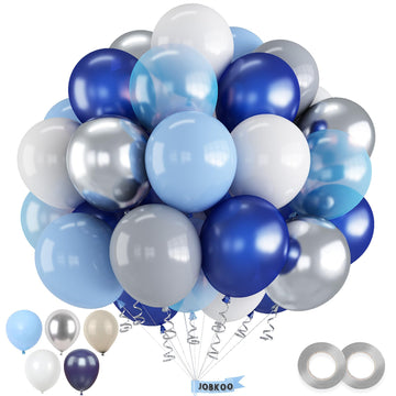 Blue And Silver Balloons, 60 Pcs Light Blue And White Grey Balloons Set With Metallic Silver Balloons, 12 Inch Pearl Baby Blue N