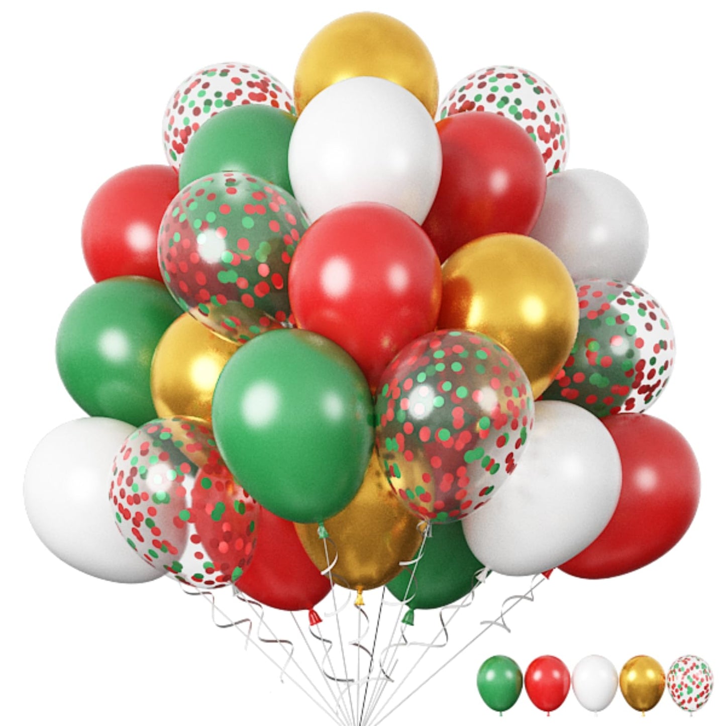 Funhot Christmas Balloons, 60 Pcs Red Green Gold Balloons, 12 Inch Red Green Confetti Balloons Metallic Gold Helium Balloons Whi