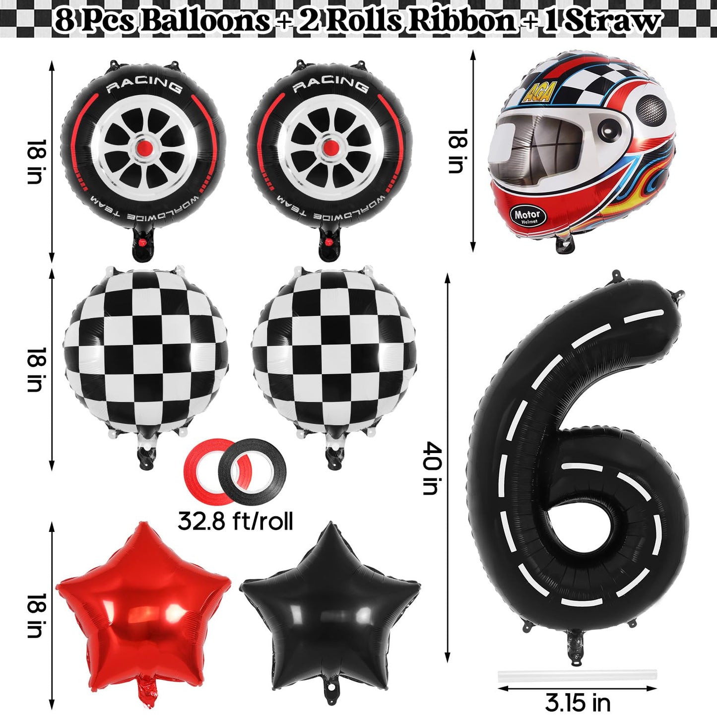 Race Car 6 Balloons, 40 Inch Racetrack Number 6 Balloon, Large Foil Mylar Racetrack Black 6 Balloon For 6 Year Old Birthday Race
