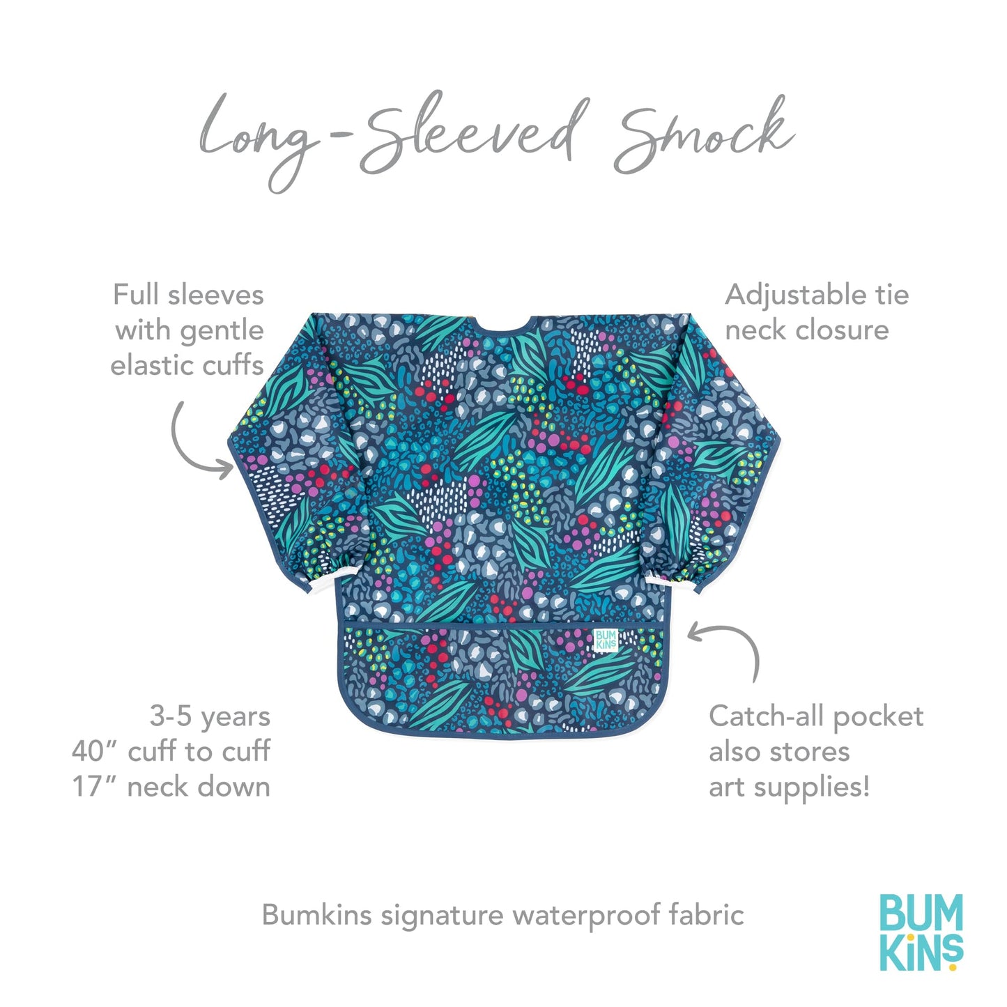 Bumkins Sleeved Smock, Toddler Reusable Waterproof Bib For Girls And Boys Ages 3-5 Years, Long Sleeve Childrens, Kids Paint Apron, Arts, Crafts And Play With Pocket, Soft Fabric, Jungle Blue