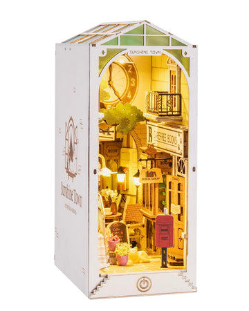 Rowood Book Nook Bookshelf Insert 3D Wooden Puzzle, Diy Bookend Decor Building Set Model Kit With Led Light For Adults Kids - Sunshine Town
