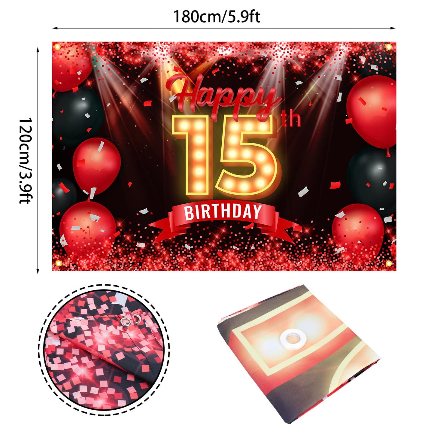 Happy 15th Birthday Banner Backdrop Red and Black 15 Years Old Background Bday Decorations for Girls Boys Photography Party Supp
