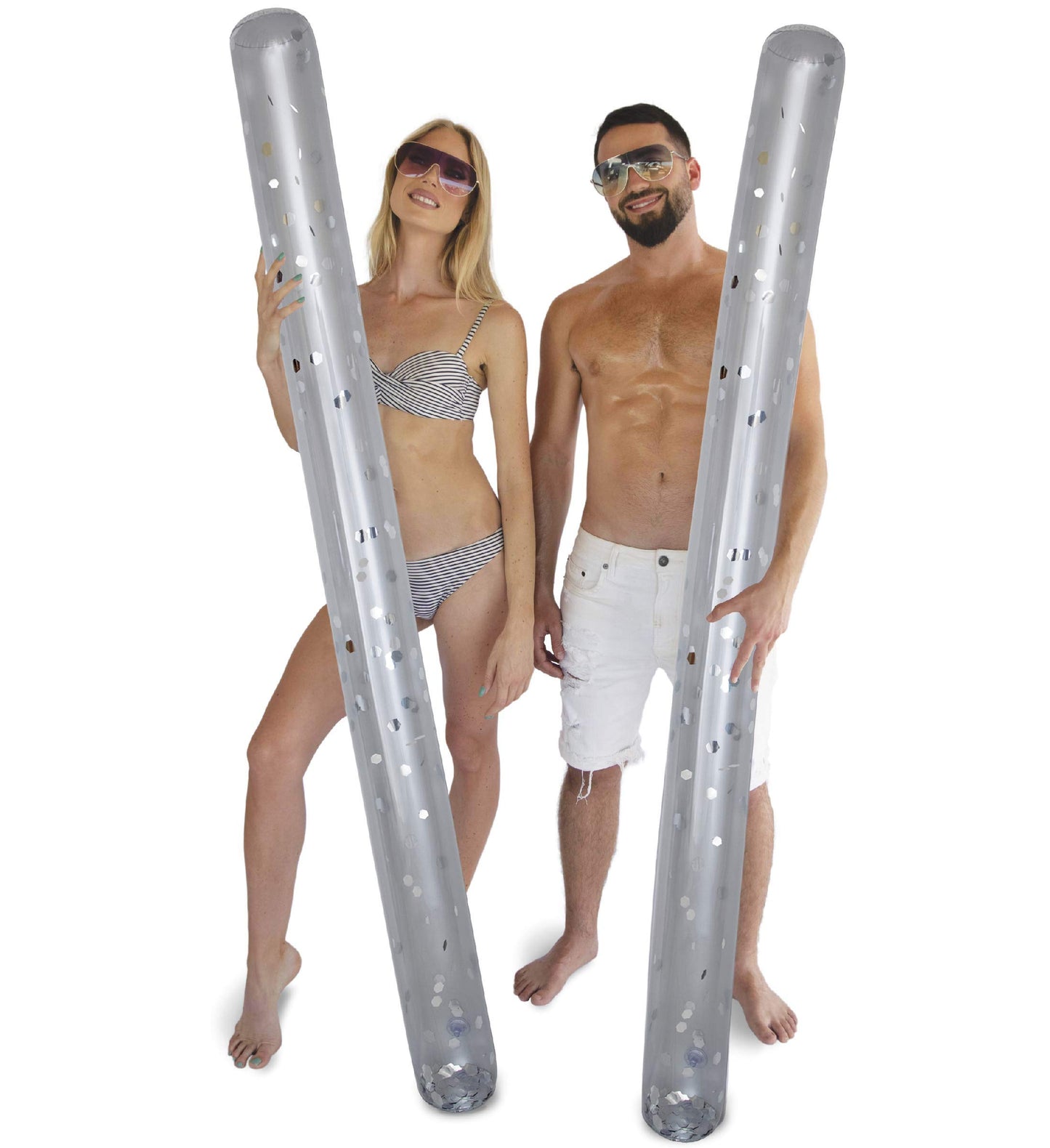 POZA 2 Pack Inflatable Jumbo Pool Noodles Floats - enhanced elegant 74 Inch Giant Water Floating Filled with Sparkle Silver Confetti  Float for Swimming Pool  Beach & Lake