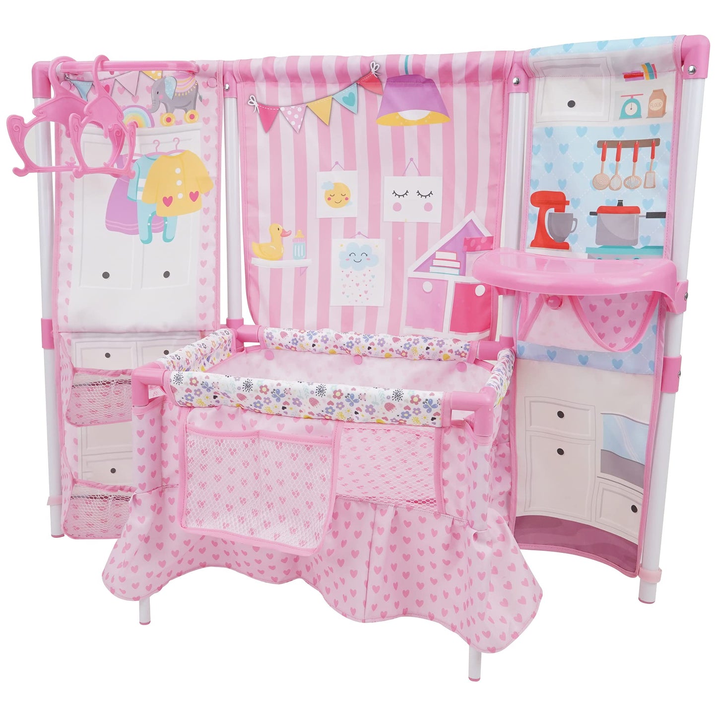 509 Crew BnB Pink Doll Furniture Set - 14 Baby Doll, Built in Highchair & Play Yard, Accessories, Kids Pretend Sleep Play Set