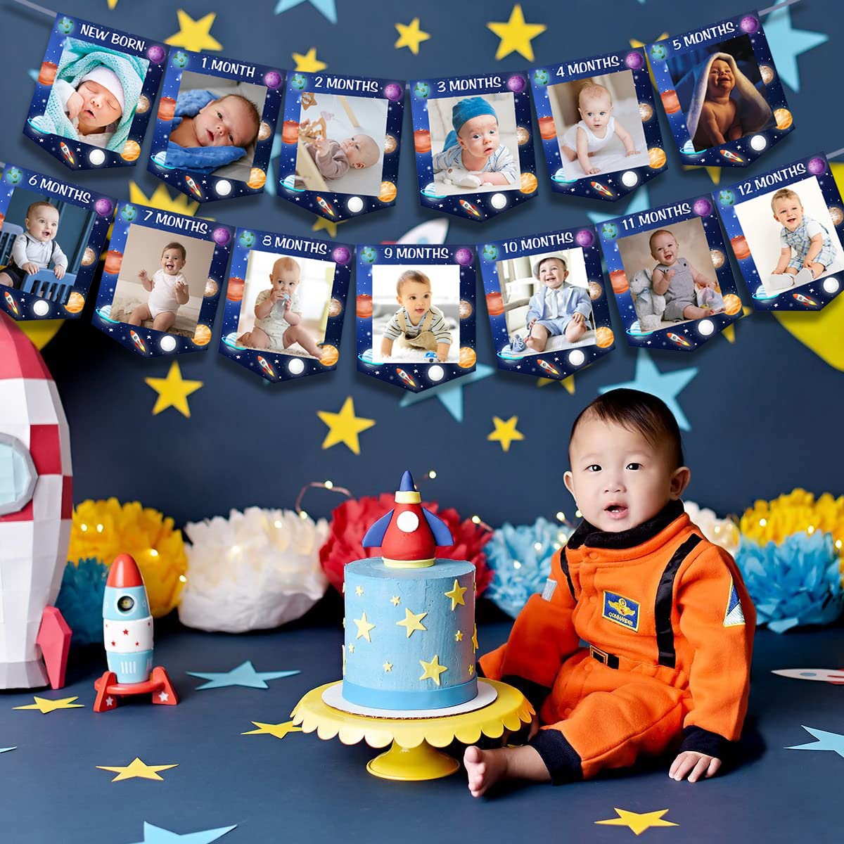 Fangleland First Trip Around The Sun Photo Banner, Outer Space 1st Birthday Party Decoration - Blue Solar System Baby Picture Ba