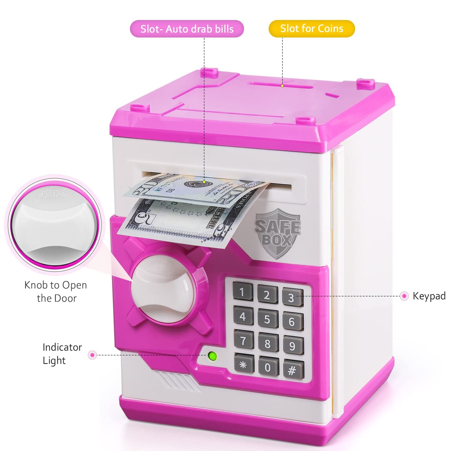 Atm Piggy Bank For Boys Girls, Vcertcpl Mini Atm Coin Bank Money Saving Box With Password, Kids Safe Money Jar For Adults With Auto Grab Bill Slot, Great Gift Toy Bank For Kids (Purple White)