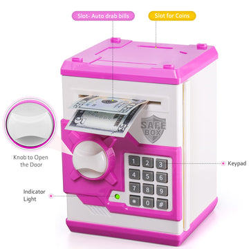 Atm Piggy Bank For Boys Girls, Vcertcpl Mini Atm Coin Bank Money Saving Box With Password, Kids Safe Money Jar For Adults With Auto Grab Bill Slot, Great Gift Toy Bank For Kids (Purple White)