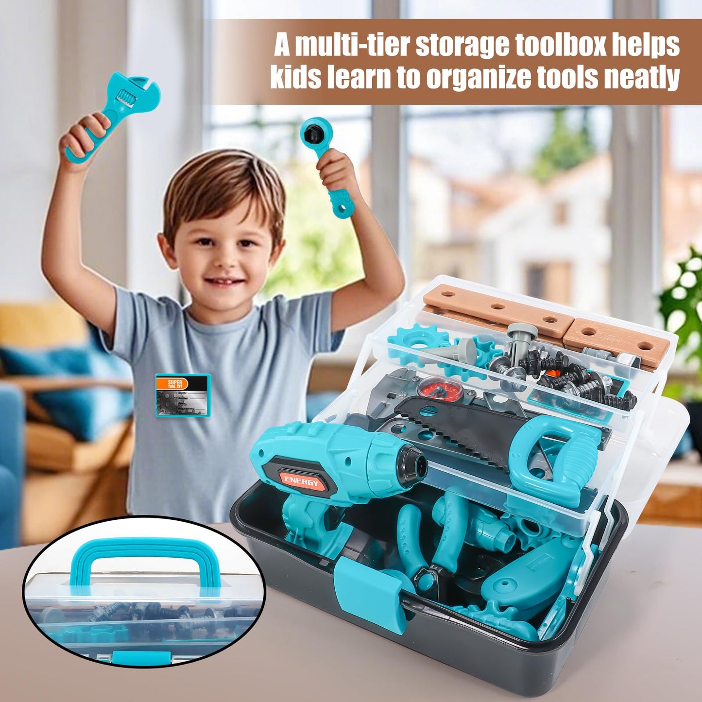 GAIETYDIY Kids Tool Set - Pretend Play Toddler Tool Set with Tool Box, Electronic Toy Drill, Screwdriver, Screw Construction Kit