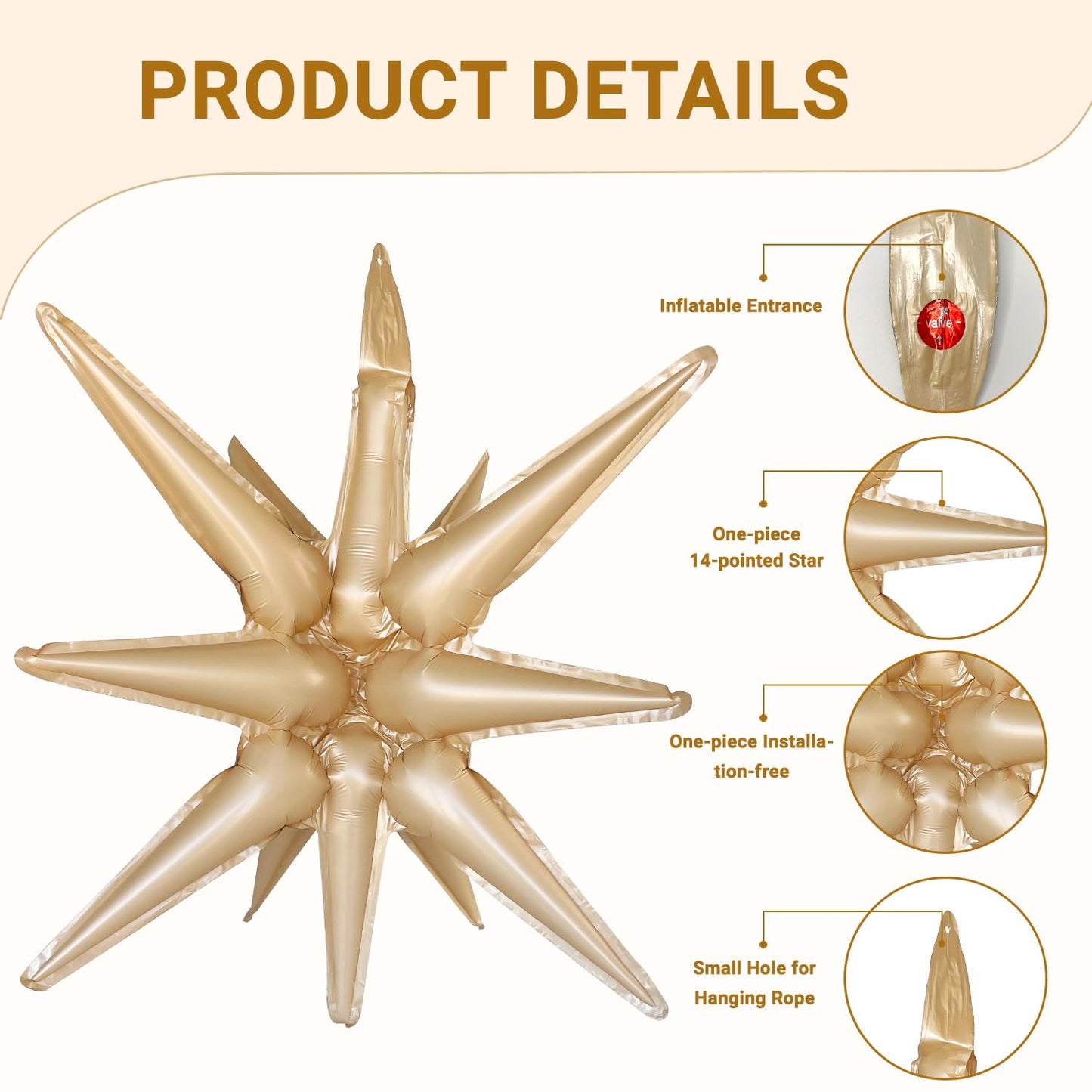 6 Pcs Caramel Colour Star Foil Balloons One-Piece 14-Pointed Star Balloons 4D Starburst Cone Mylar Balloons 22Inch Christmas Bir