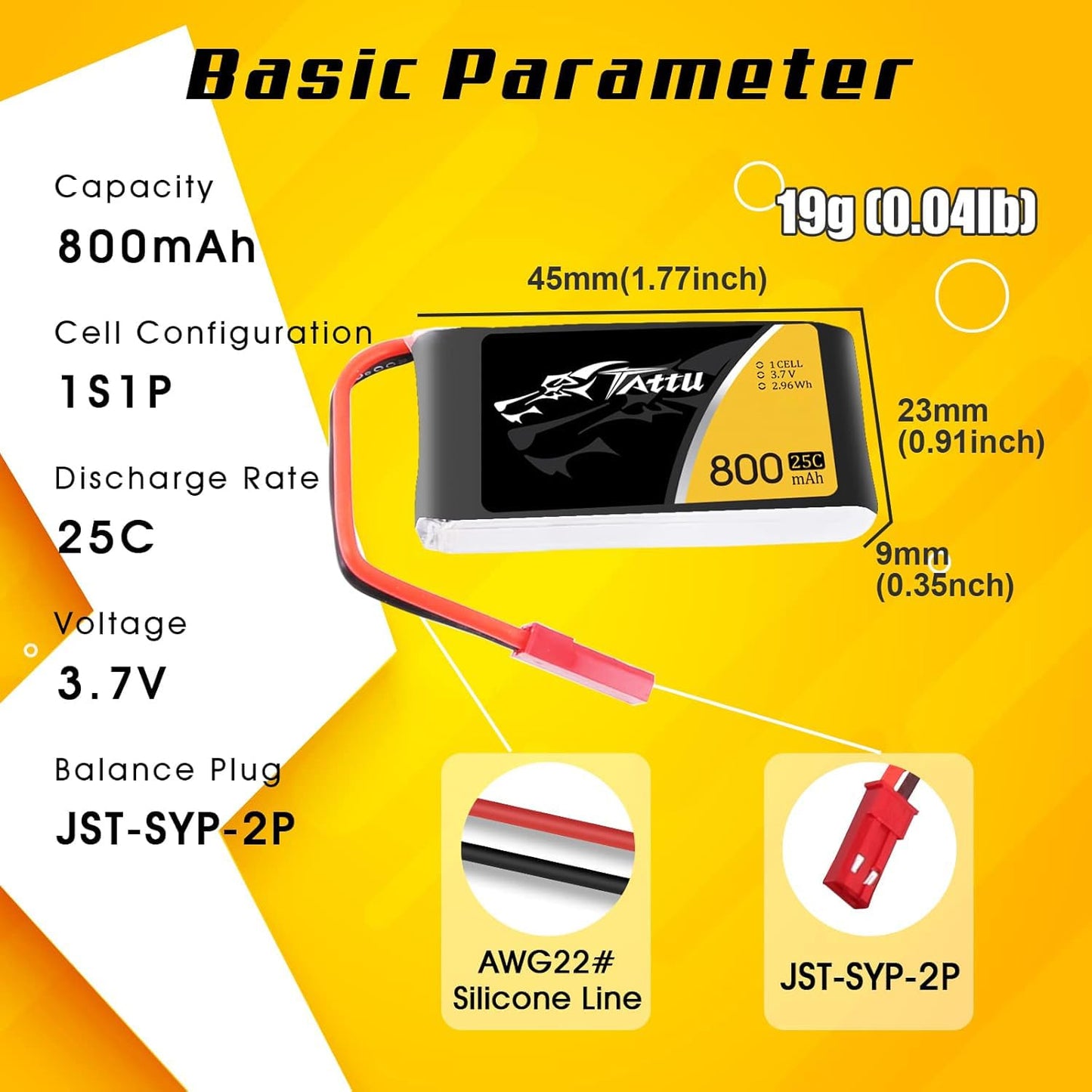 TATTU 3.7V 800mAh 25C 1S LiPo Battery Pack with JST Plug for F181 MJX X400 X400W X800 Holy Stone X200 X300C X500 Sky Viper S670