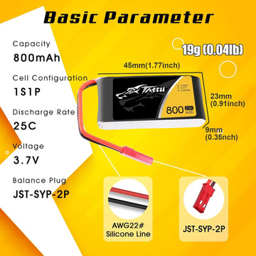 TATTU 3.7V 800mAh 25C 1S LiPo Battery Pack with JST Plug for F181 MJX X400 X400W X800 Holy Stone X200 X300C X500 Sky Viper S670