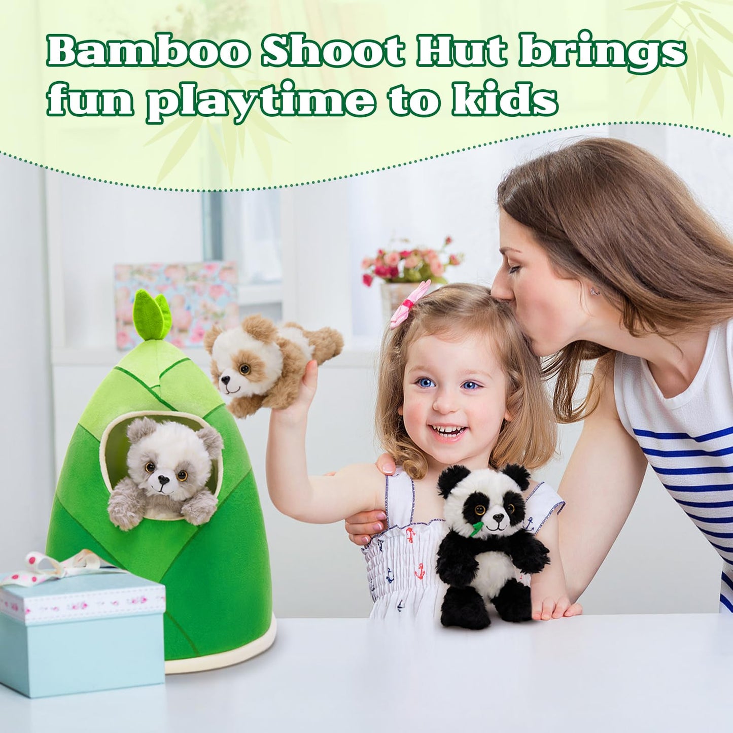 Tezituor Panda Stuffed Animal Set - 5-in-1 Plush Toy with Bamboo Hut, 10.6" White Polyester, Realistic Big Panda & 3 Babies