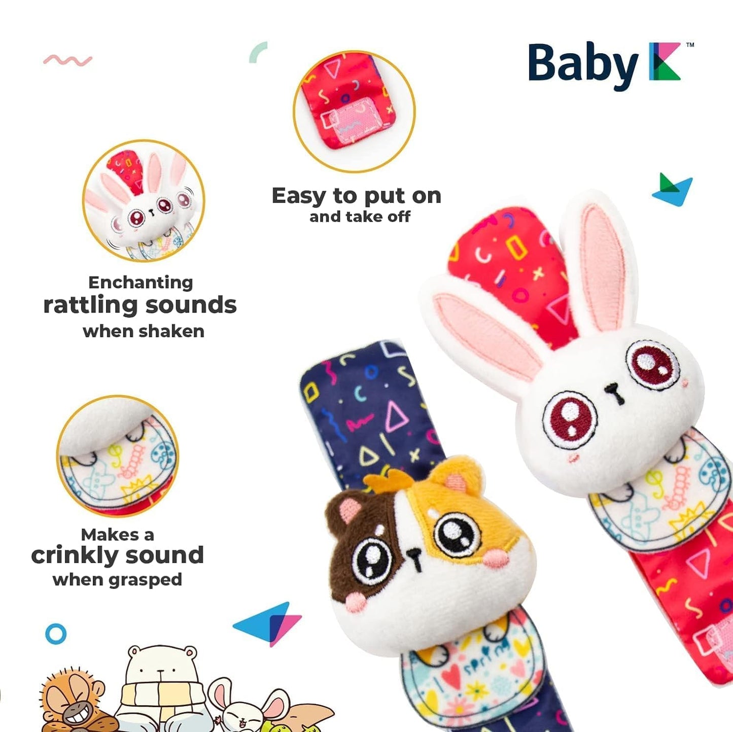 Baby K Baby Rattle Socks & Hand Rattle For Girls & Boys (Pet+Bird Set A) - Baby Toys 6-12 Months - Baby Wrist Rattles And Foot Rattles - Baby Toys For Newborns As Gift - Easy To Wear Baby Rattle Toys