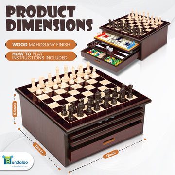 Bundaloo 10-In-1 Classic Wooden Board Game Set - Chess, Checkers, Backgammon, And More - Premium Multi-Game Collection With Buil