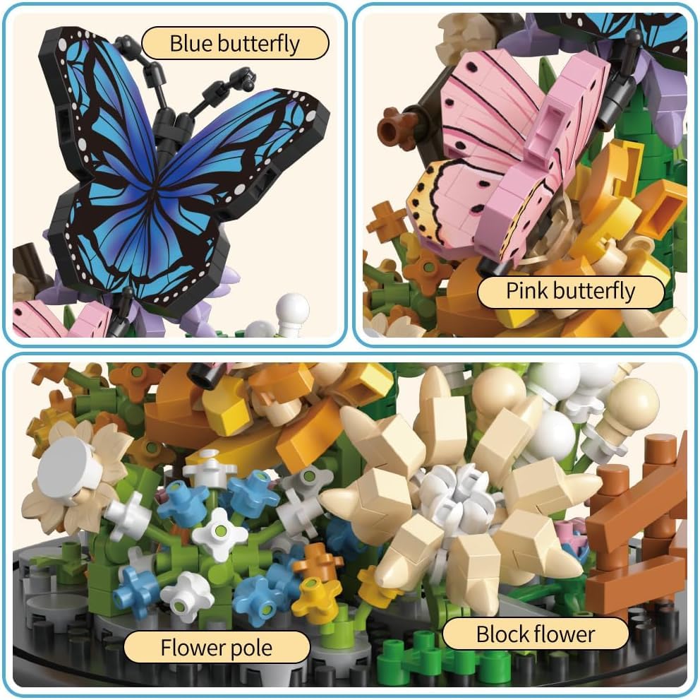 530 PCS Micro Brick Flower Butterfly Bouquet Building Sets  Animals Botanical Collection Blocks Model for mature-themed Toys Home Decor and Office Art Creative Gift Women  Mom Girl - Valentines Day Gift