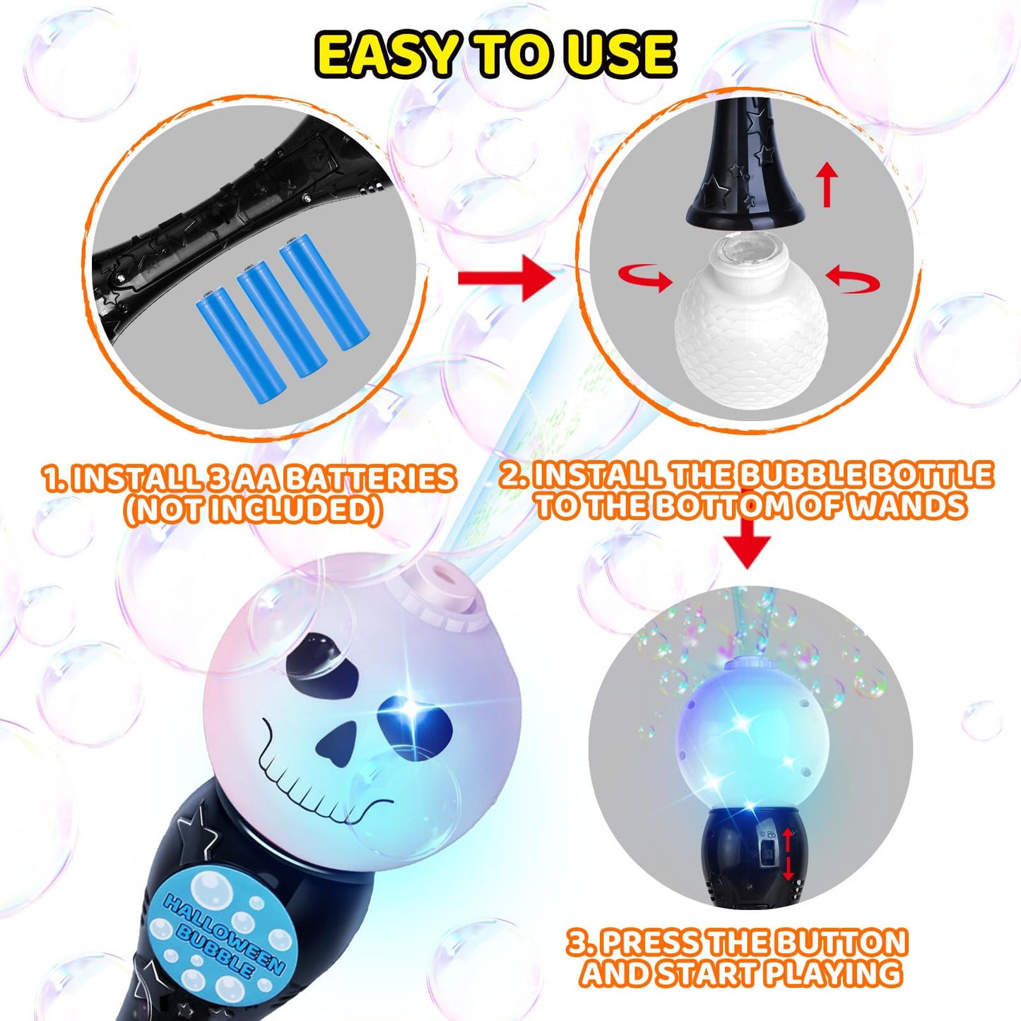Springflower Halloween Toy,Halloween Bubble Blower Wand,13.5 Inch Illuminating Bubble Maker With Led Light-Up Effect For Kids,Halloween Bubble Party Favor,Pumpkin & Skull Design, 2 Pack