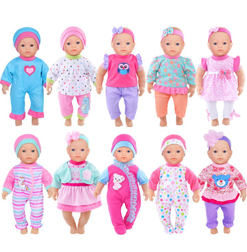 10 Sets Baby Doll Playtime Outfits Clothes Hat Headband Fits For 10 Inch Baby Dolls 12 Inch New Born Baby/Alive Baby Dolls 14 Inch Dolls (No Doll)