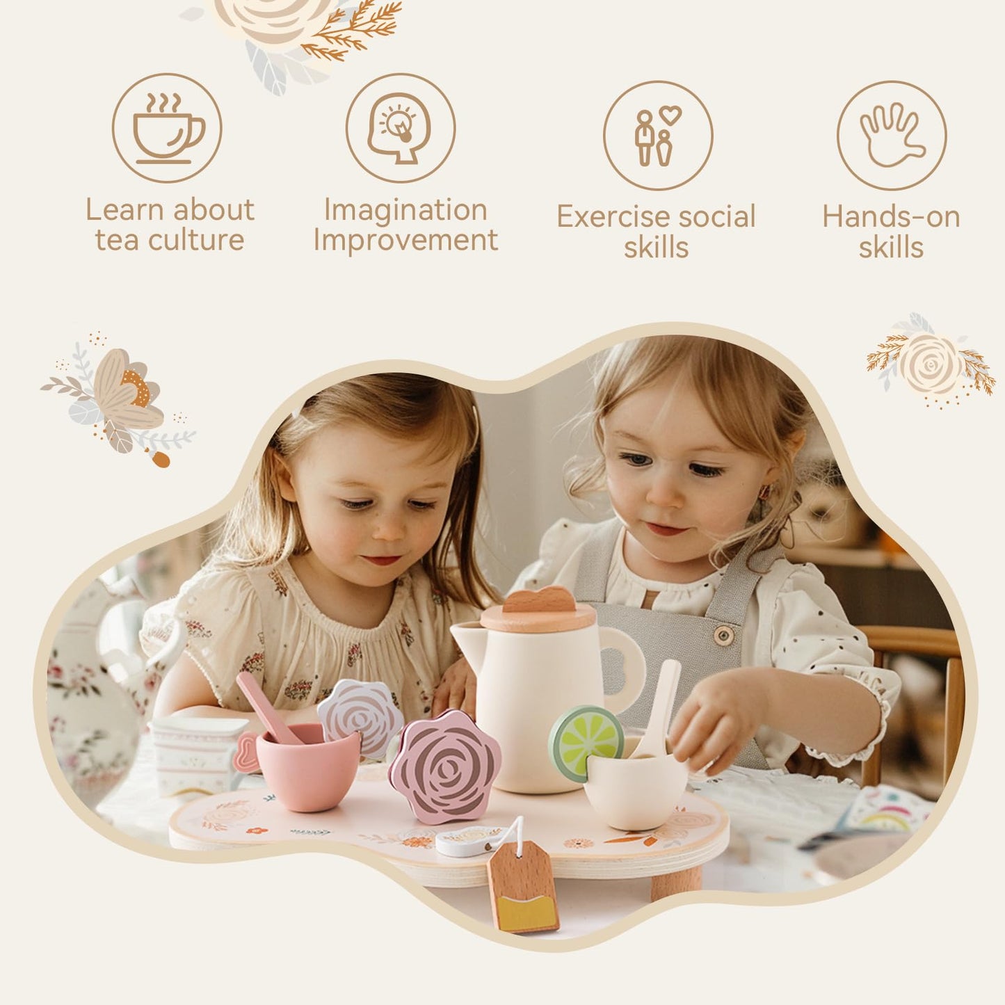 Tea Party Set for Little Girls, Silicone & Wooden Tea Set for Toddler with Silicone Teapot Cups Carrying Tray Scoop, Pretend Pla
