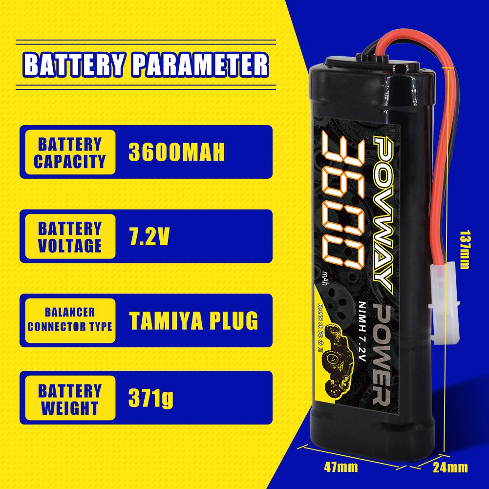 POVWAY 7.2V 3600mAh NiMH RC Battery Packs with Tmiya Connector for RC Car RC Vehicles Traxxas LOSI Associated HPI Kyosho Tamiya