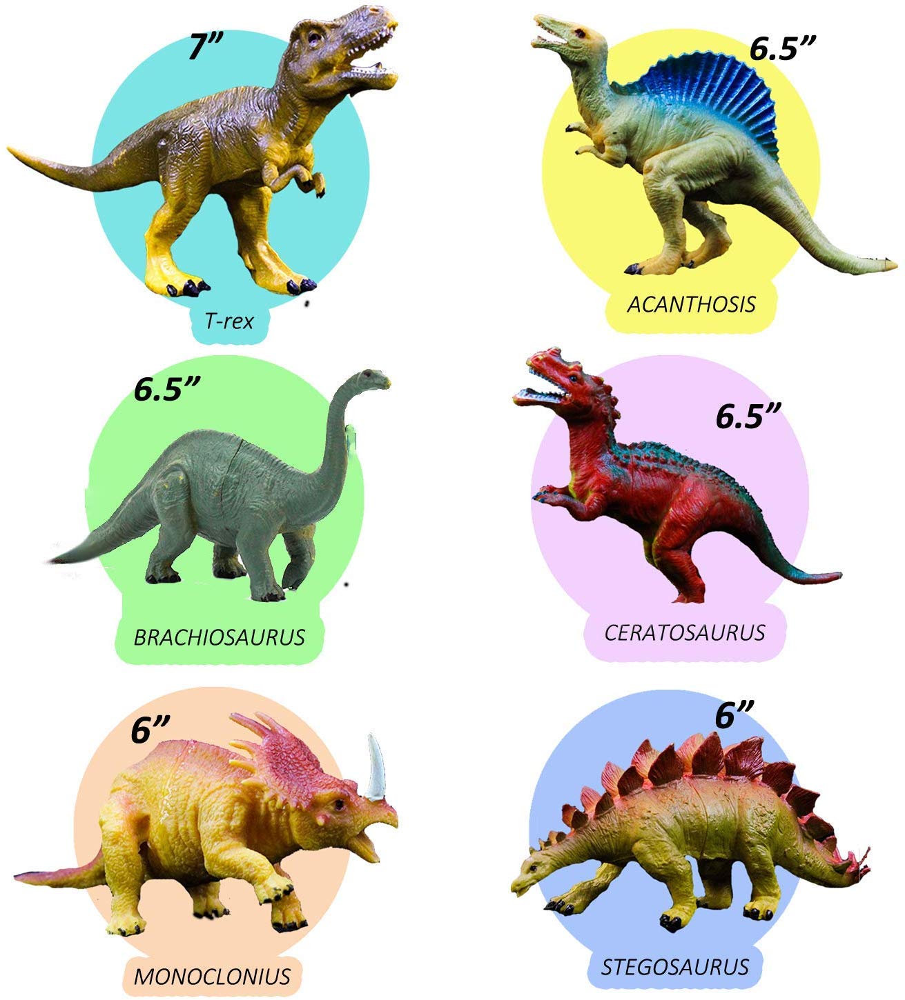 OuMuaMua Dinosaur Toys Set - 6 Plastic Figures (T-Rex, Stegosaurus) - 7 Inch Size - Mixed Colors - Ideal for Kids Educational Play