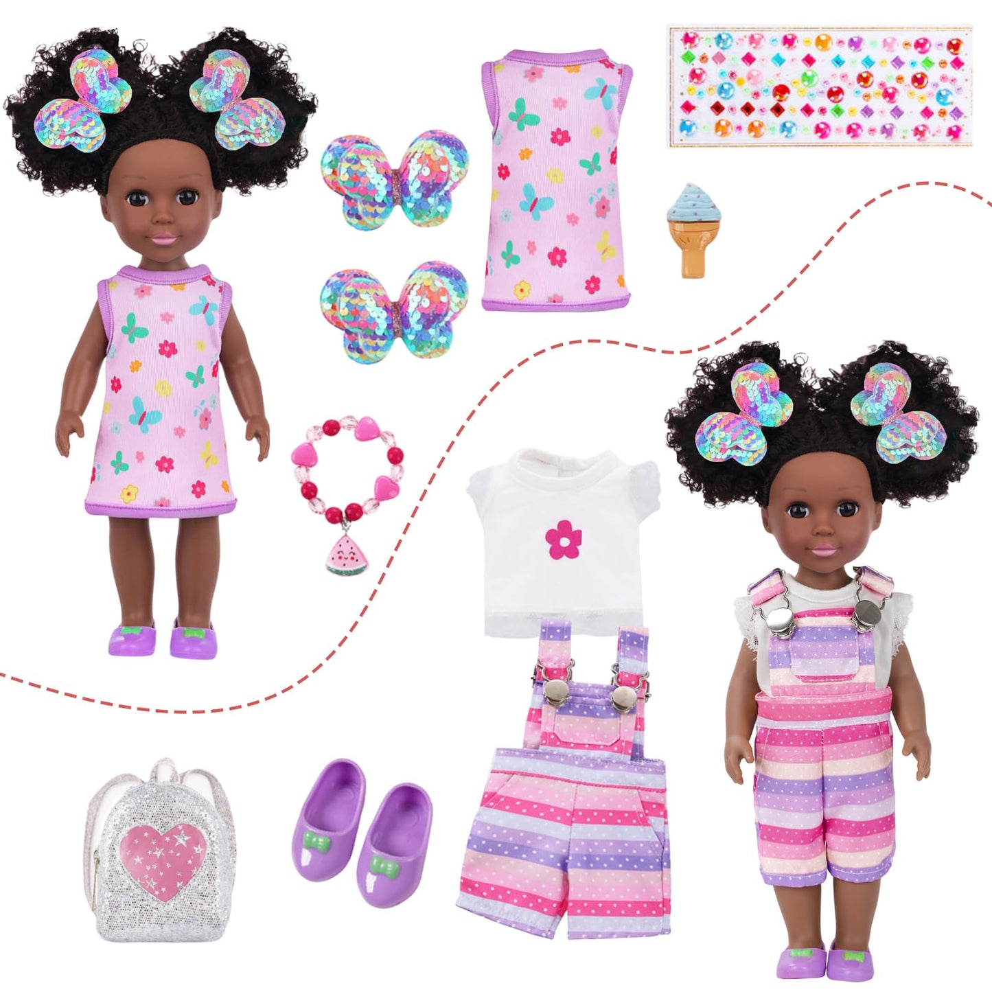 ZQDOLL 14.5 inch Black Doll and Black Baby Doll Clothes and Accessories Set, African Baby Doll with 2 Sets Clothes Shoes Backpac