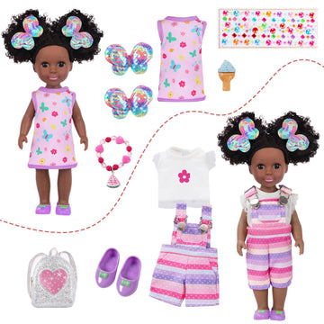 ZQDOLL 14.5 inch Black Doll and Black Baby Doll Clothes and Accessories Set, African Baby Doll with 2 Sets Clothes Shoes Backpac