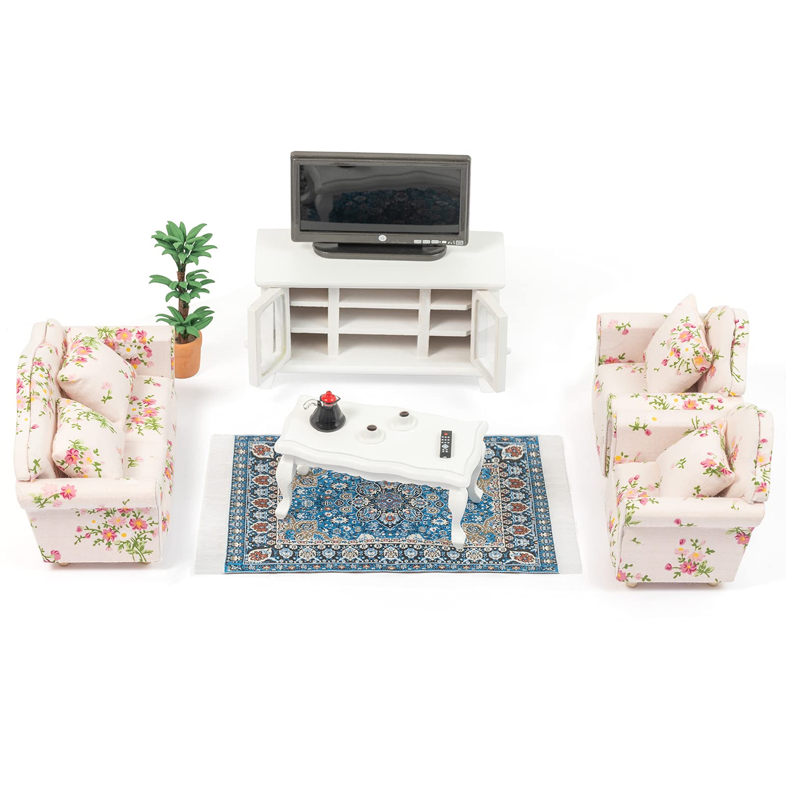 Samcami Miniature Dollhouse Furniture 1 12 Scale - Wooden Dollhouse Furniture Set For Dollhouse Living Room - Doll House Furniture Incl Sofa, Tv Cabinet, Coffee Table And Other Accessories (Red)