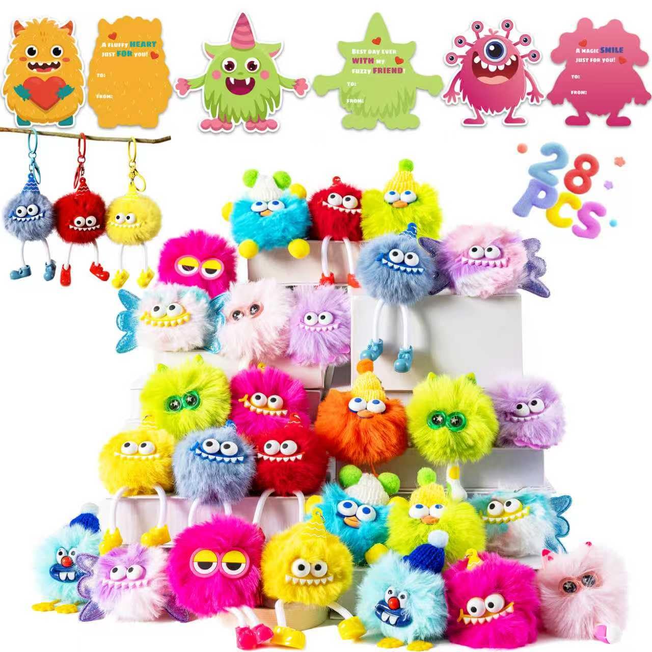 Kiddelo Valentines Day Gifts for Kids School Classroom Exchange, 28 Pack Monster Plush Keychains with 28 Cards Treat Bags and Ti