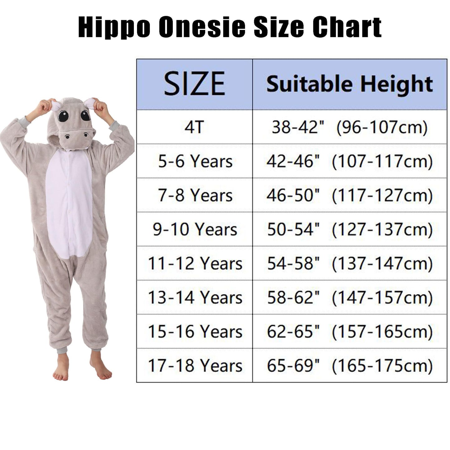 WAFUNNE Animal Onesie Costume for Kids Child Boys Girls Womens Mens Cosplay Halloween Costumes Easter Onesies Grey Hippo S