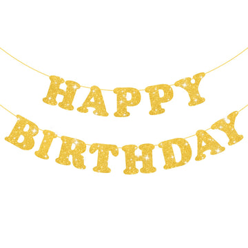 Glitter Gold Happy Birthday Banner Sign With Shiny Letters, Glitter Happy Birthday Bunting Banner Flag Garland For Kids Boys Baby Birthday Party Decorations Supplies