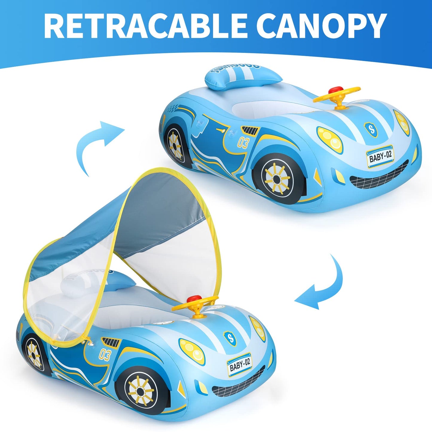 Toddler Pool Float with UPF50+ Adjustable Canopy Car Shaped Baby Swimming Float Infant Baby Floatie Boat for Kids 3+ Years(Blue Car)