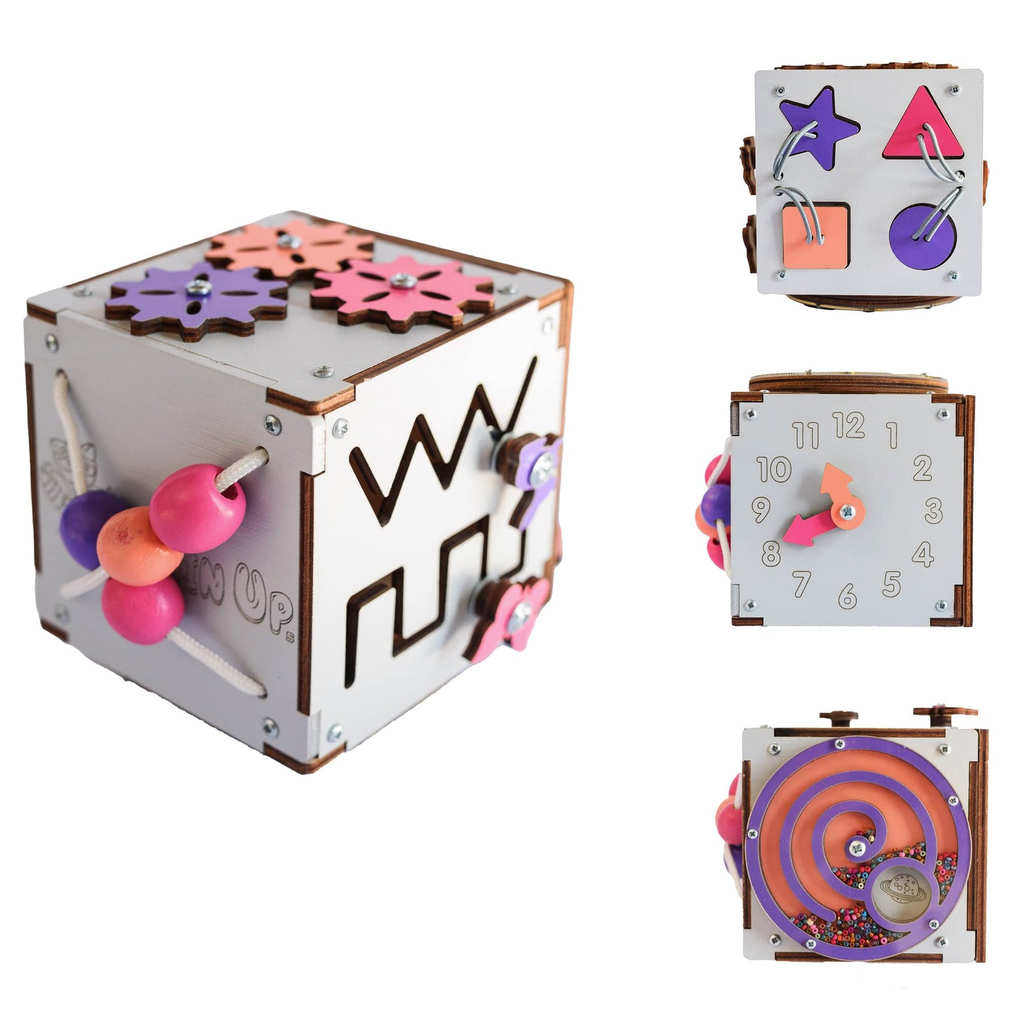Brainuptoys Busy Cube For Toddlers Kids Children Baby - Travel Activity Busy Board – Wooden Sorter Toy - Montessori Toys Infant - Sensory Board - Learning Basic Life Skill - Time Telling Clock