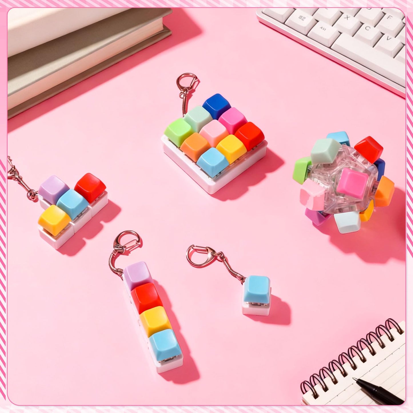 Halloscume 5 Pcs Keyboard mature-themed Fidget Toy Clicker Toy in 5 Styles Keyboard Fidget Keychain Cube Mechanical Key Button Clicker Stress Relief Gift for Office Home Pass Time(Candy Colors)