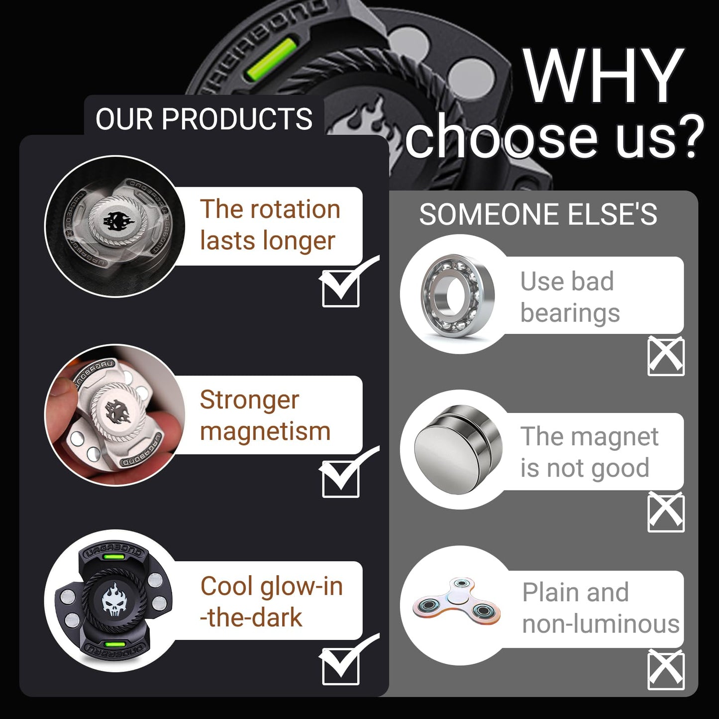 Upgraded 3-in-1 Fidget Spinner Toy: Longer Silent Spin Time & Glow. Magnetic Spinner  Clicker  Slider for Stress Relief & Focus. enhanced Desk Toy for Office mature-themeds  Cool Gadget Gift for Teens (Black)