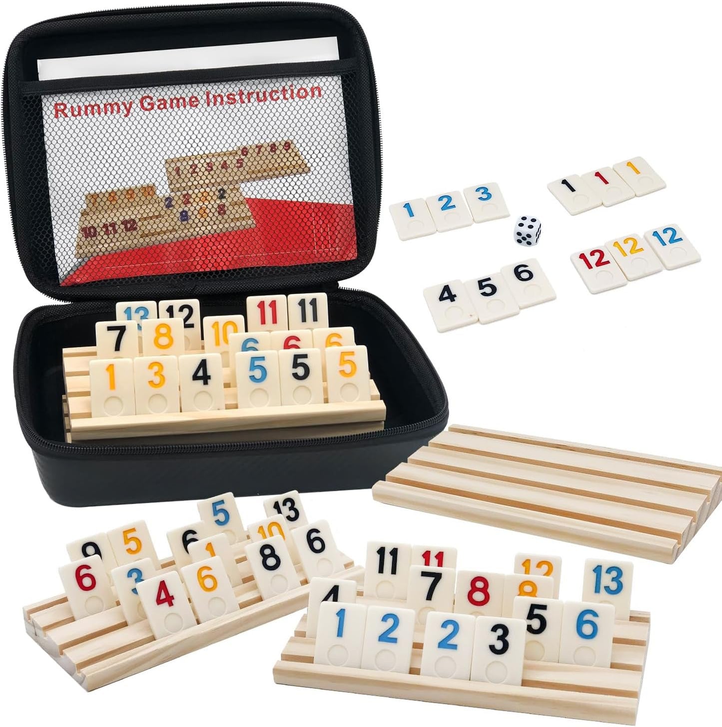 Dollergo Rummy Game With 4 Wooden Racks/Trays, Rummy Cube Game With Portable Case 106 Rummy Tiles Travel Game Set With 4 Tiles H