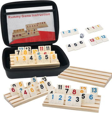 Dollergo Rummy Game With 4 Wooden Racks/Trays, Rummy Cube Game With Portable Case 106 Rummy Tiles Travel Game Set With 4 Tiles H