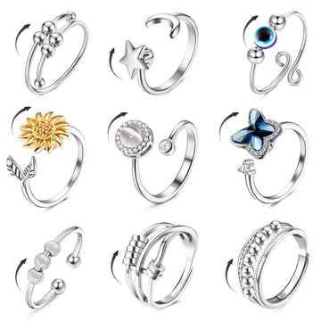 FIBO STEEL Fidget Anxiety Rings - 9 Pcs Spinner Rings, Adjustable, Silver-tone, Stress Relief, Open CZ Flower Moon Star Design