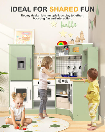 Babytronic Corner Wooden Play Kitchen Set For Kids W/Lights & Sounds, Pretend Play Kitchen Playset With Stove, Microwave, Ice Ma