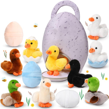 Hydren 13 Pcs Valentine Plush Ducks Chicken Stuffed Animals Bulk For Girls Boys Small Cute Plush Toy And Egg Bag Set For Easter