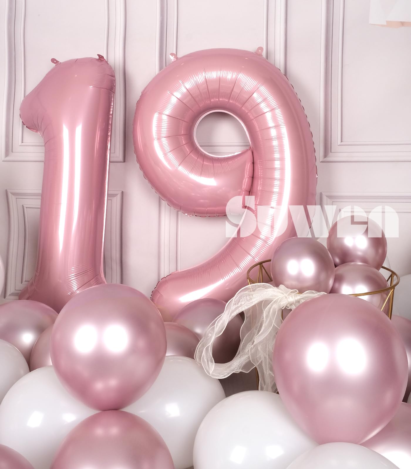 SUWEN 40 Inch Pink Foil Number Balloons 0-9 Jumbo Mylar Birthday Party Decorations for Girls, Women, and 19th Anniversary Supplies