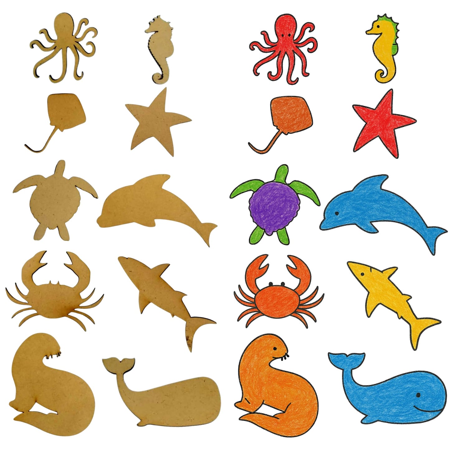 Bonjoy Sea Animals Wooden Shape Cutouts For Kids  Set Of 10 (2.5, 3 And 4) OceanThemed Mdf Cutouts For Coloring, Learning
