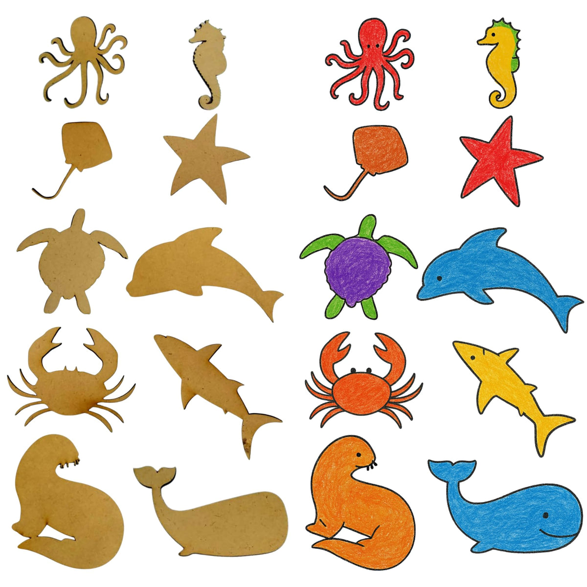 Bonjoy Sea Animals Wooden Shape Cutouts For Kids  Set Of 10 (2.5, 3 And 4) OceanThemed Mdf Cutouts For Coloring, Learning