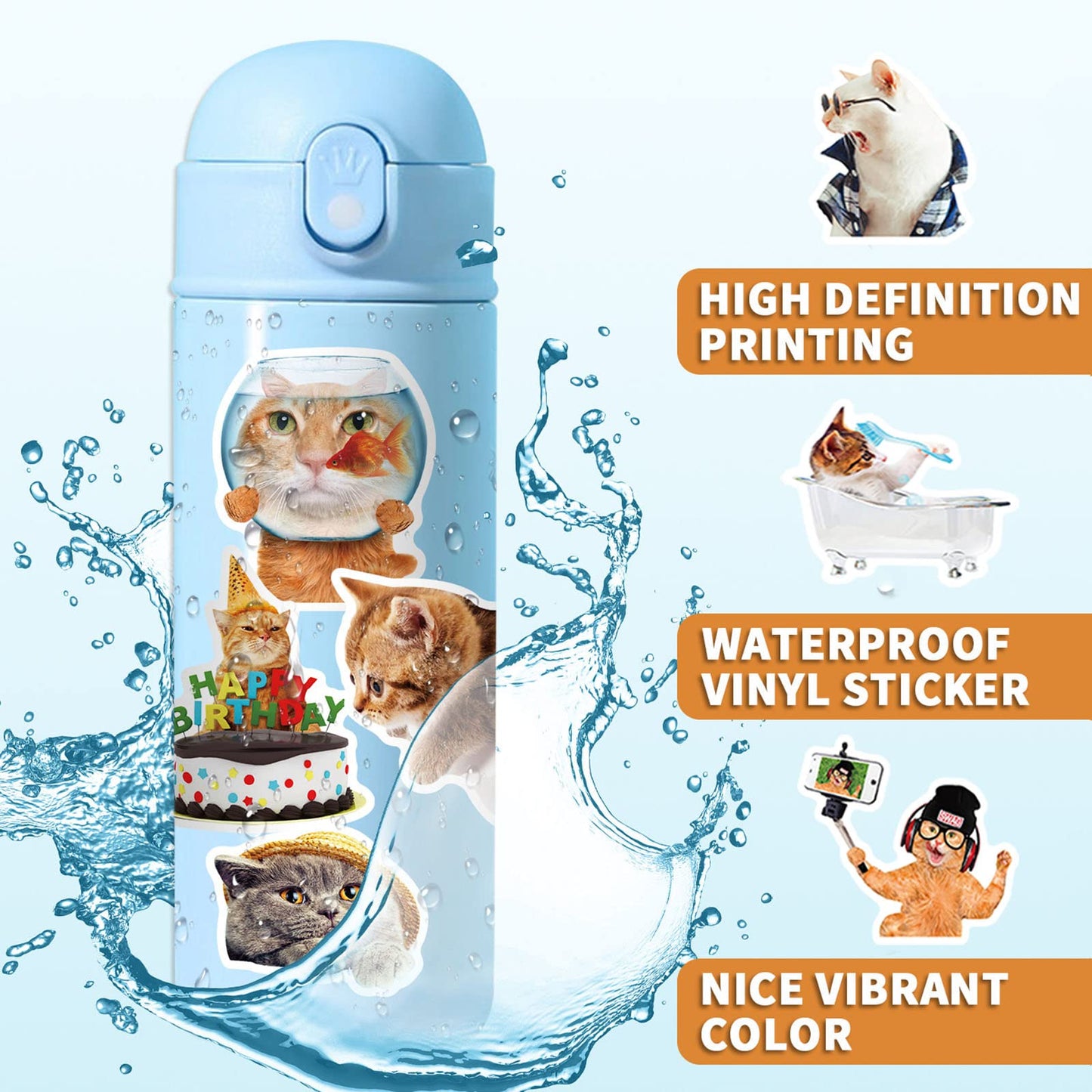 Cat Stickers For Kids Teens Girls Adults, 100 Pcs Cute Cat Stickers, Vinyl Waterproof Animal Stickers For Water Bottle, Laptop,