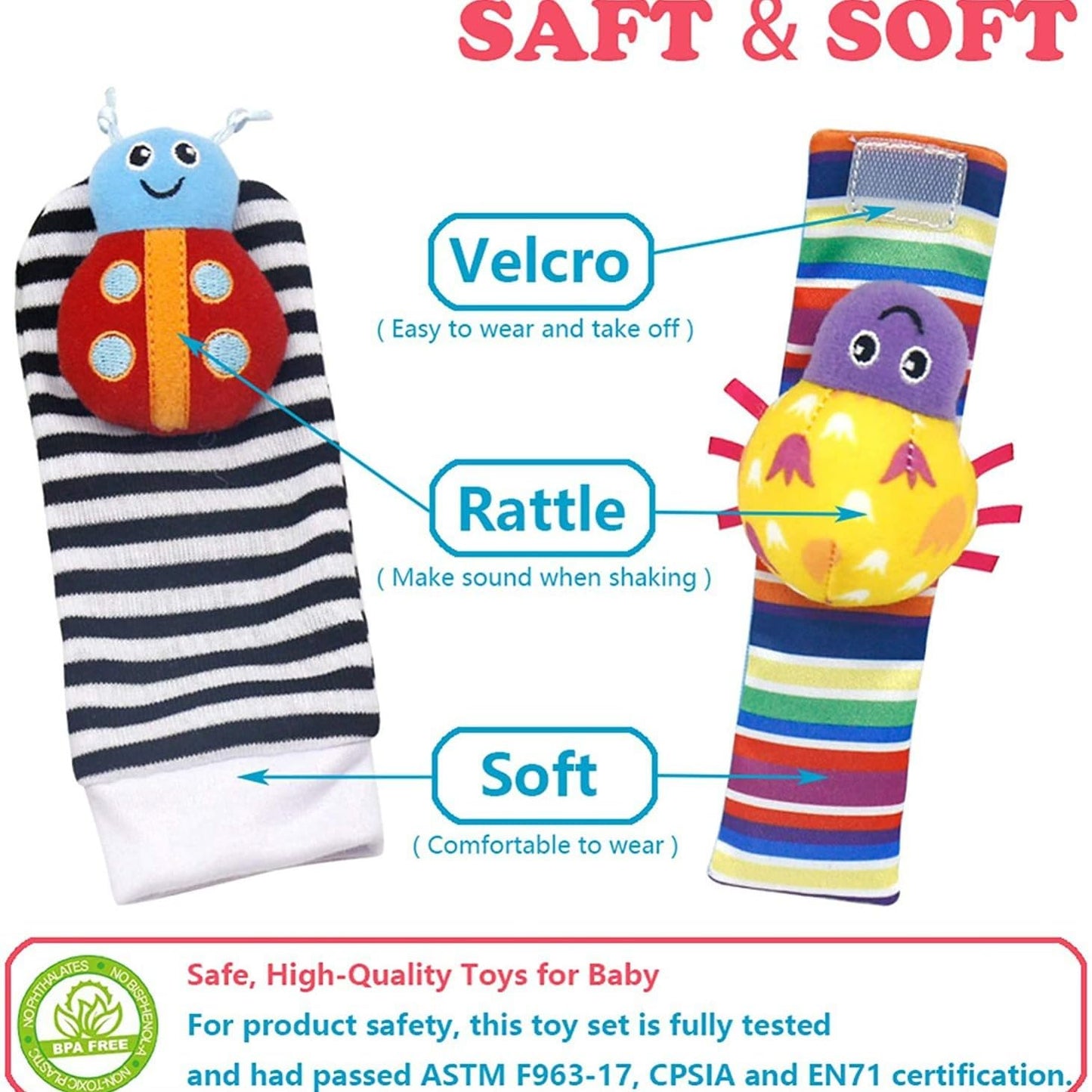 Little Treasures and Play Soft Wrist Rattle & Foot Finder Socks Set - Cotton Plush Infant Toys for Newborns 0-12 Months  Baby Shower Gifts for Boys & Girls  Hand & Feet Rattles for 3 Month Plus