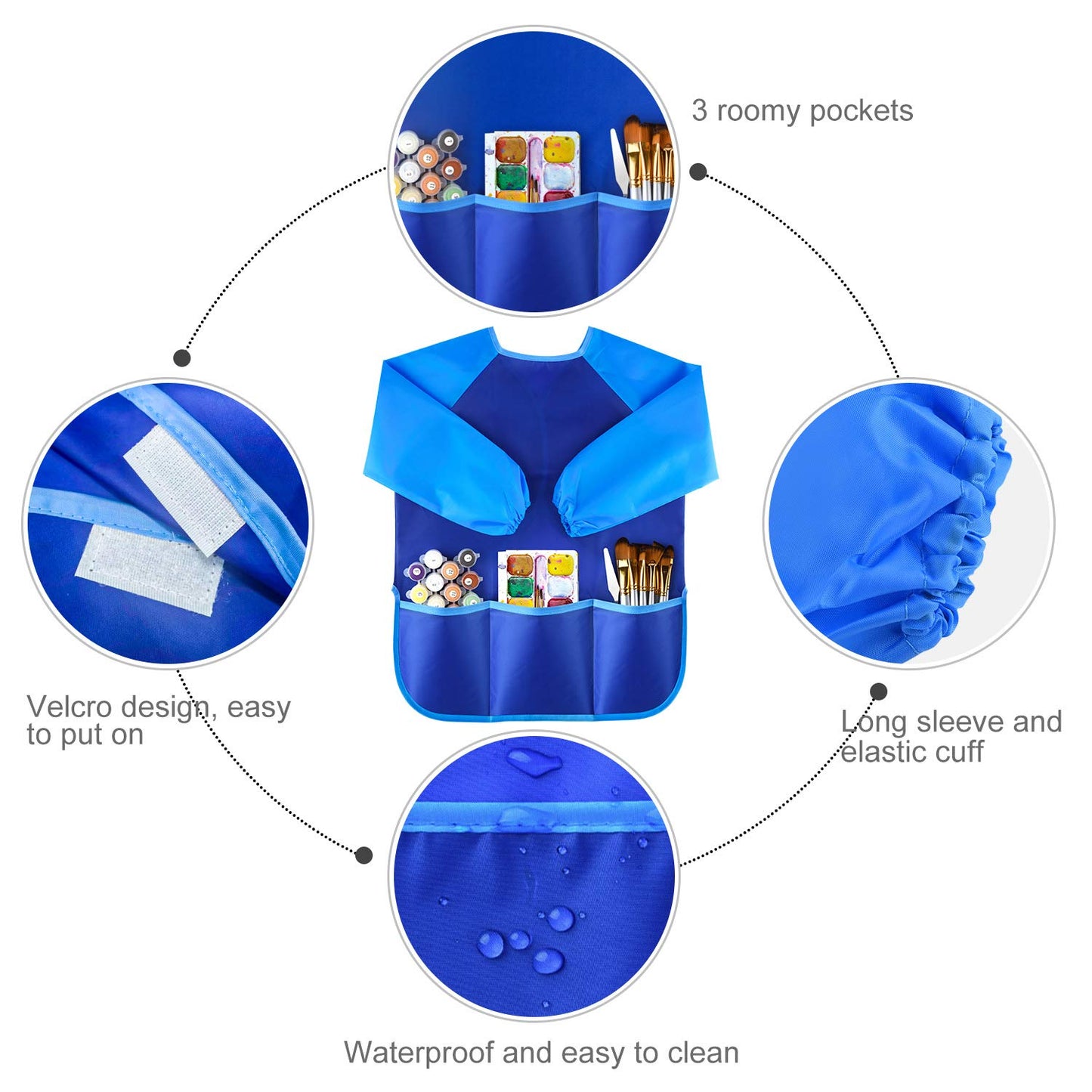 KUUQA Waterproof Children Art Smock - Blue Polyester Kids Apron with 3 Pockets, Model KQ071, 1 Pcs