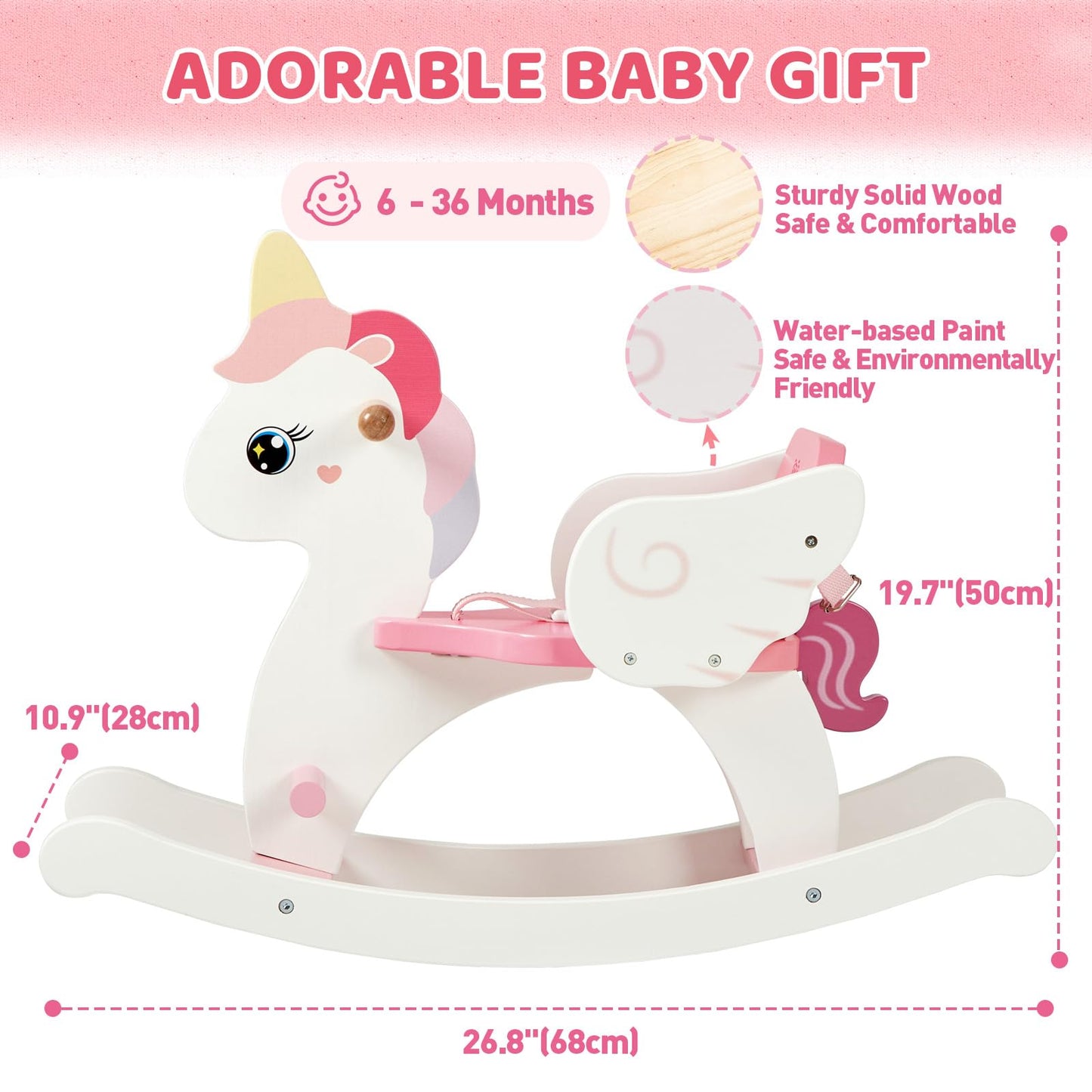 Funlio Unicorn Wooden Rocking Horse Ages 0.5-3, Cute Baby Rocking Horse With Safety Belt & Backrest, Easy To Assemble Toddler Ride On Toys, Cpc & Ce Certified - Pink