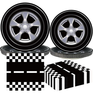 PGSWEER 72pcs Cars Birthday Party Tableware Sets Wheels Track Plates Napkins Race Car Paper Plates Dinnerware For Boys Kids Baby