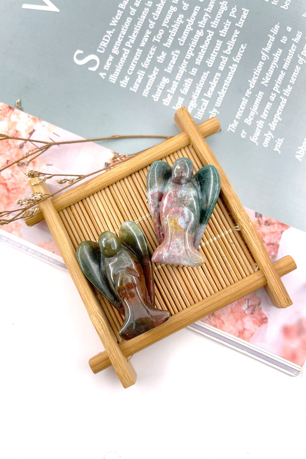 Ouubuuy Indian Agate Crystal Angel Figurines Statues 4 pcs Natural Gemstone Carved Pocket Guardian Angel 1.5 inch for Healing Re