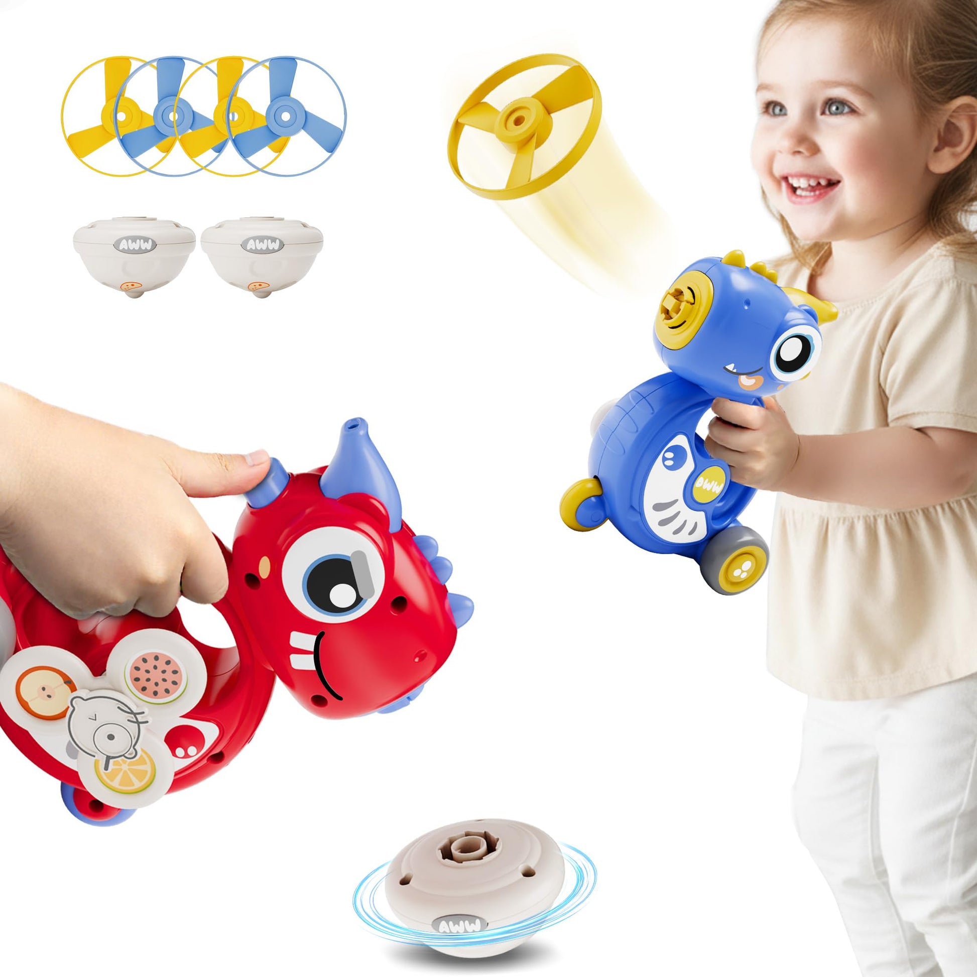 iPlay, iLearn Kids Dinosaur Flying Disc Launcher Toys, Toddler Push Go Friction Dinos Cars, Indoor Outdoor Spinning Top Yard Pla